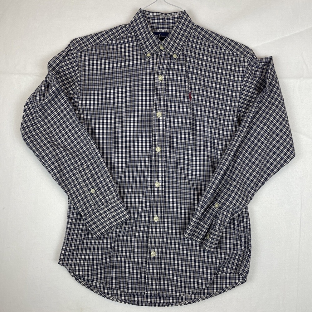 Ralph Lauren Mens Classic Fit Button Up Shirt Size Medium Blue Plaid Red Pony